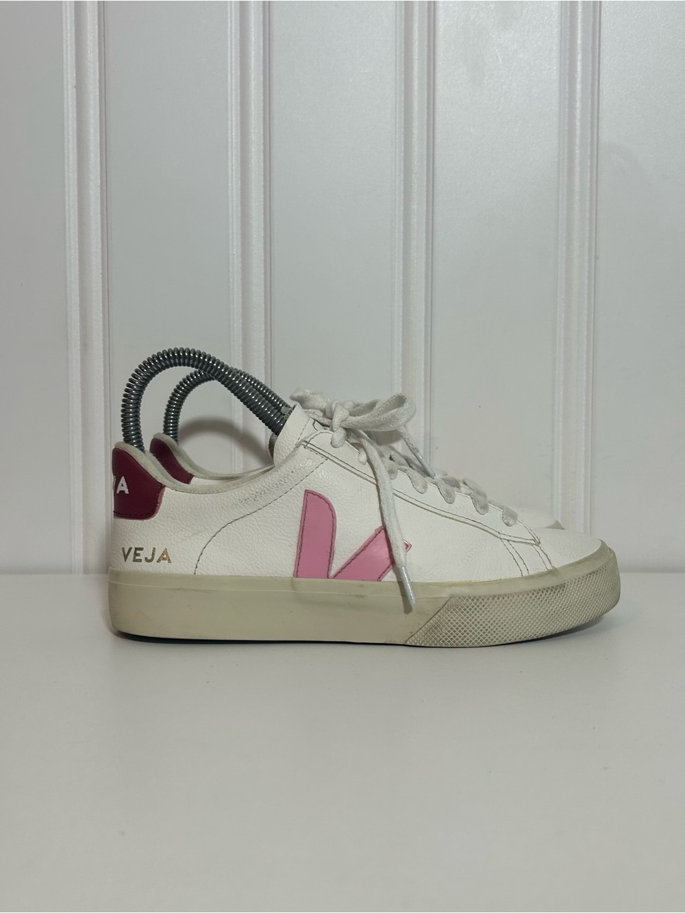 VEJA campo White Leather low lace Sneaker with Pink V Logo burgundy tab women 5